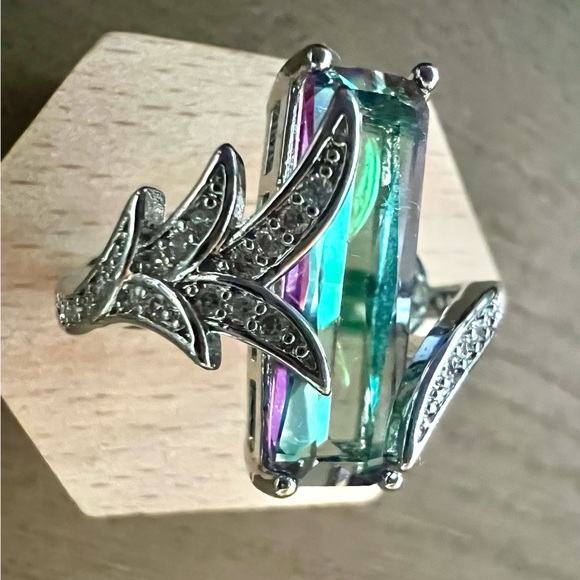 Purple and Green Mystic Rainbow Emerald Cut Topaz Silver Ring Size 8 - Picture 3 of 5